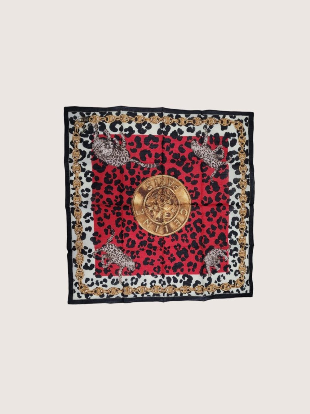 NWT Vintage CELINE Paris Leopard Chain Print Cotton Scarf Bandana Pocket Square - Picture 5 of 5
